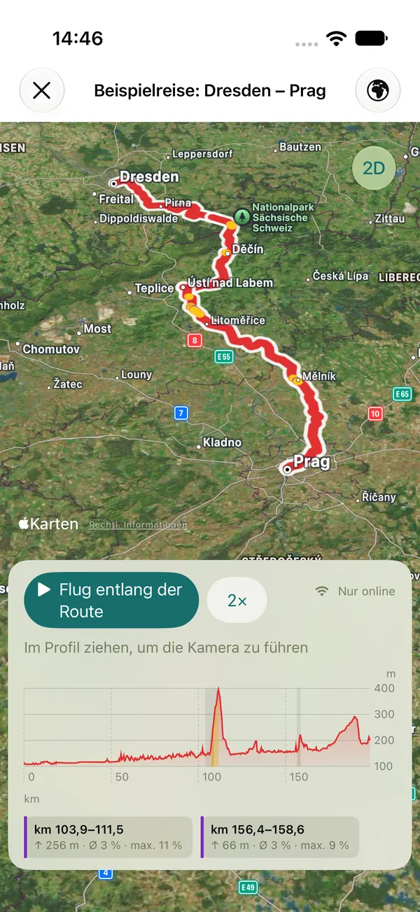 3D-Ansicht der Beispielreise Dresden – Prag über Satellitenbildern, mit Höhenprofil und dem Knopf „Flug entlang der Route“