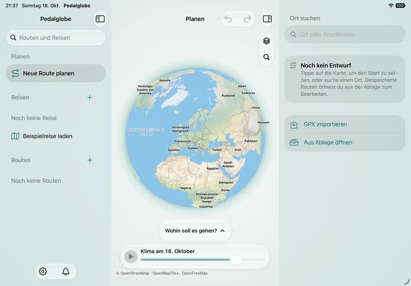 Pedalglobe auf dem iPad im Querformat: links die Seitenleiste mit Planen, Reisen und Routen, in der Mitte der Globus, rechts der Inspektor mit Ortssuche